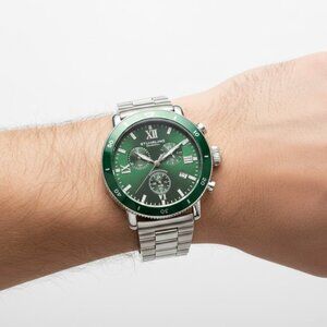 NWT Authentic Stuhrling Original Monaco Chronograph Quartz Green Dial Men's Watc